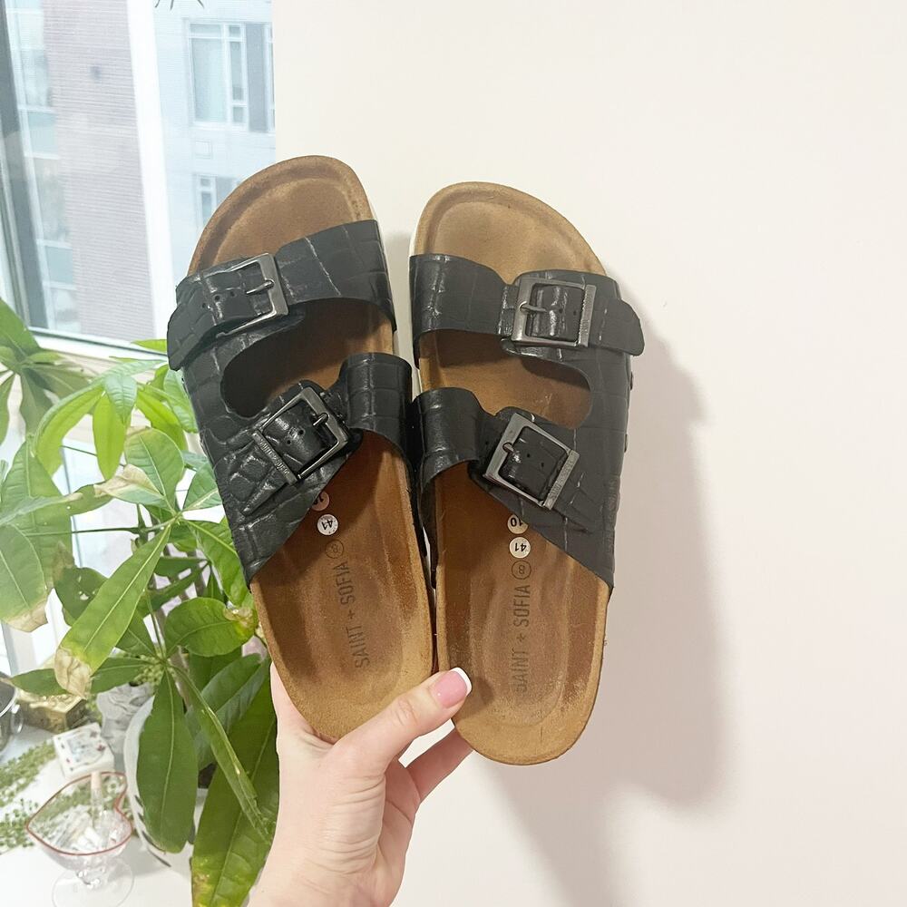 Saint + Sofia Black Crocodile Embossed Leather Slides Size 10